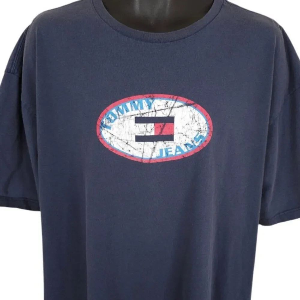 Vintage Tommy Hilfiger Jeans T Shirt Mens Size 2XL Y2K Blue Spell Out Streetwear